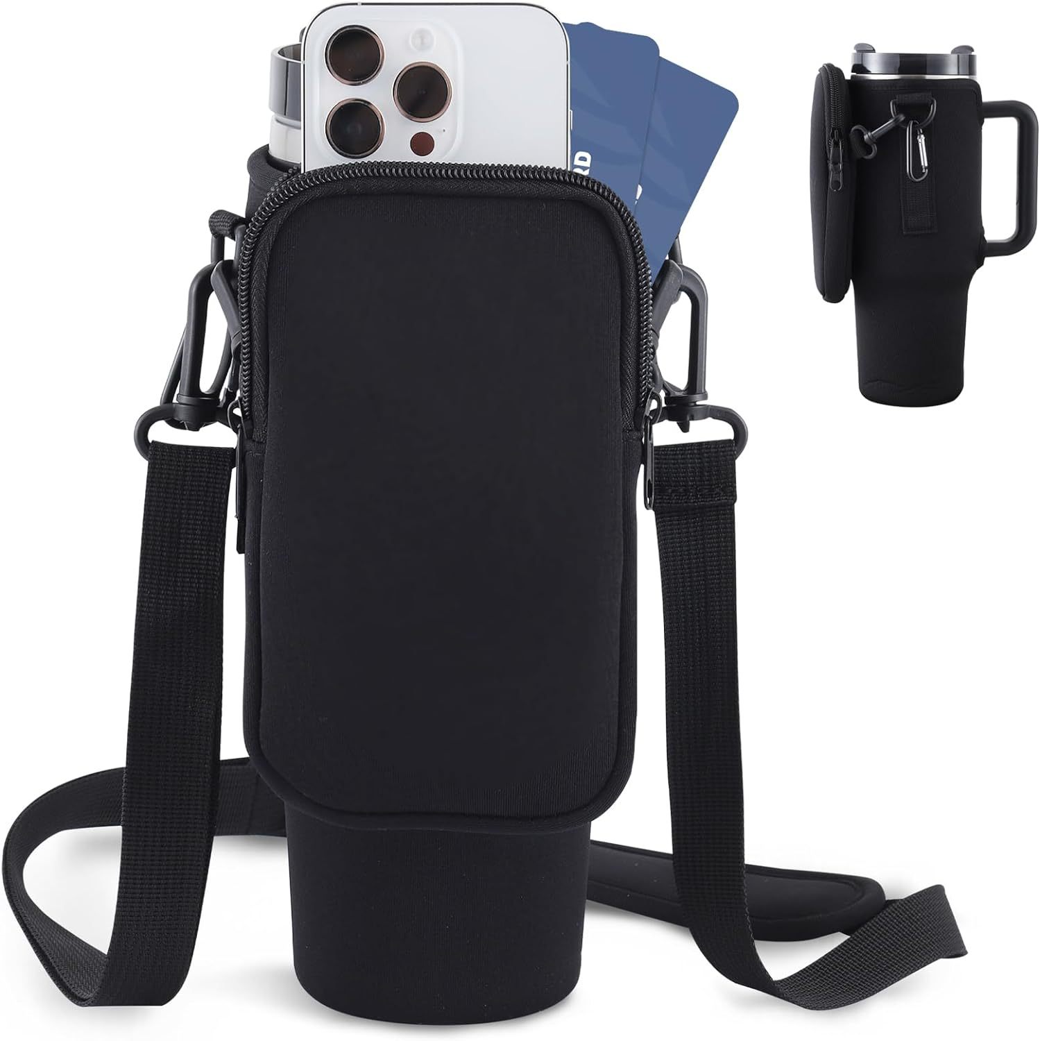 Black crossbody pouch with phone holder and card slots on a white background
